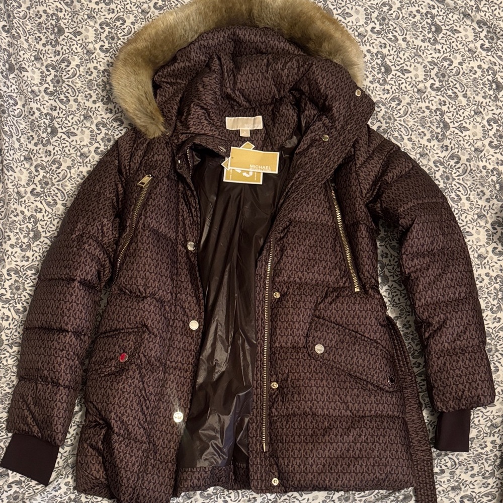 Michael Kors Dark Brown Puffer Jacket with Faux Fur Hood